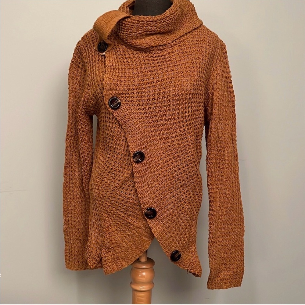 Cozy Brown Asymmetrical Button Sweater - Picture 5 of 7